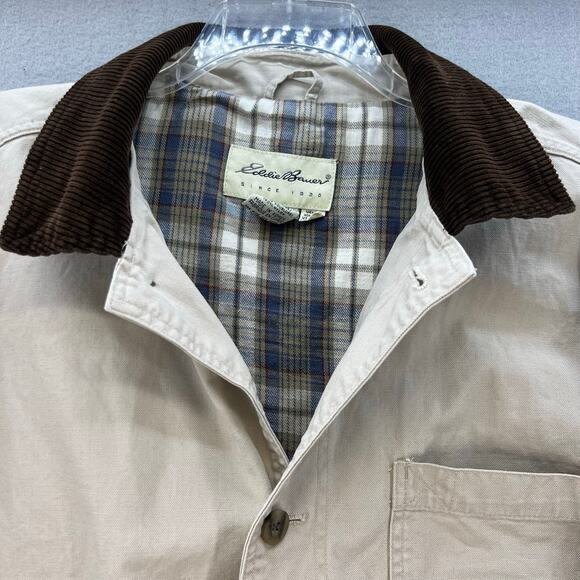 Vintage Eddie Bauer Jacket Men's XL Beige Canvas Flannel Lining Corduroy Collar - Picture 5 of 12
